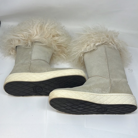 Moncler Sz 38 Gray Metallic Shimmer Suede Beige Curly Lamb Boots - Picture 9 of 12